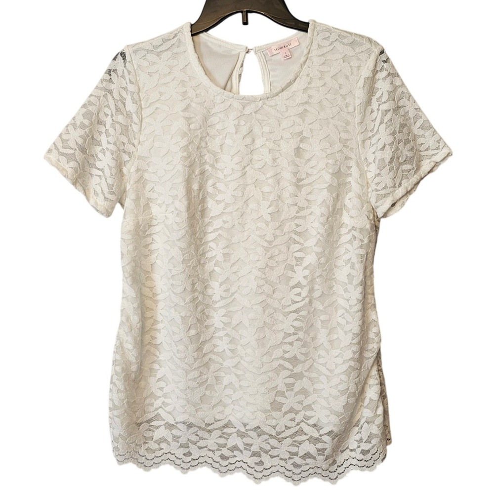 Teddi Rose Cream Floral Lace Lined Short Sleeve Keyhole Back Blouse Large EUC